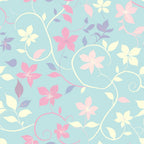 Pattern of pink and cream flowers with green leaves on a light blue background, featuring swirling vines.