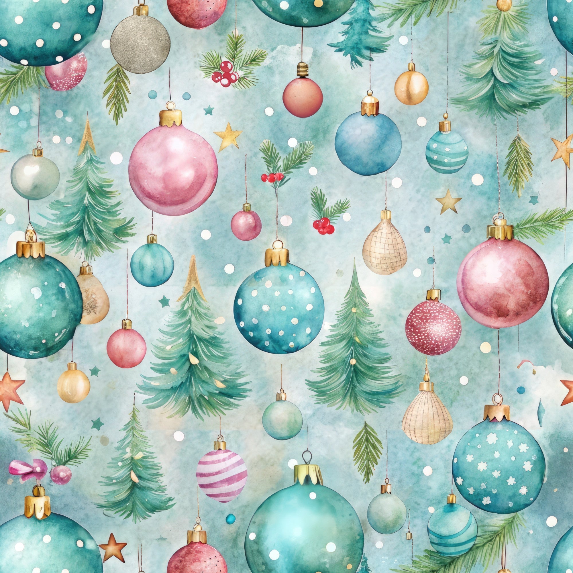 pastel colors, christmas ornaments, evergreen trees, pine branches, hanging baubles, watercolor style, soft blue background, pink ornaments, teal decorations, gold accents, festive pattern, winter theme,, fabric panel, delicate artwork, holiday motifs, scattered design, gentle mood, christmas trees, seasonal fabric