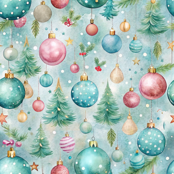 pastel colors, christmas ornaments, evergreen trees, pine branches, hanging baubles, watercolor style, soft blue background, pink ornaments, teal decorations, gold accents, festive pattern, winter theme,, fabric panel, delicate artwork, holiday motifs, scattered design, gentle mood, christmas trees, seasonal fabric