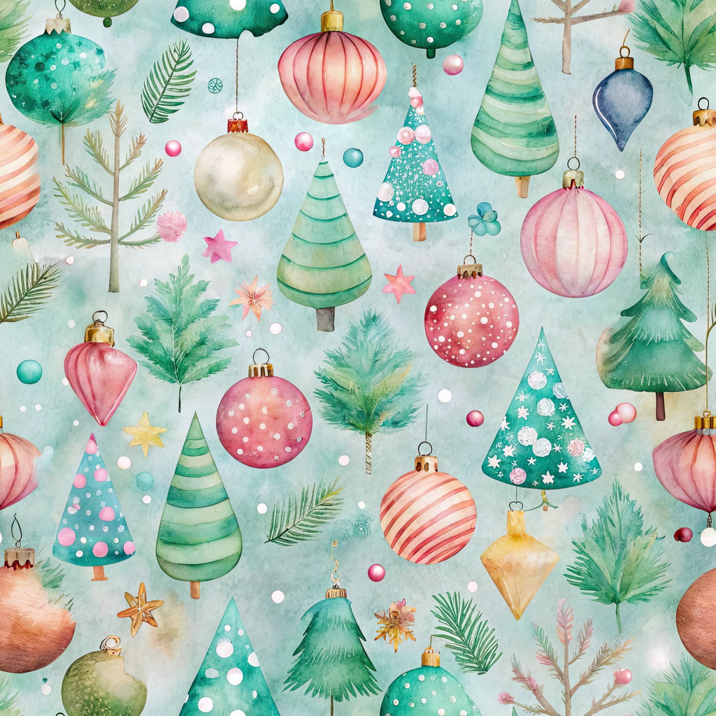 pastel colors, christmas ornaments, watercolor style, festive pattern,, fabric panel, holiday theme, christmas trees, baubles, mint green, coral pink, soft blue, evergreen branches, striped ornaments, polka dots, winter decorations, seamless repeat, whimsical design, seasonal motifs, craft fabric