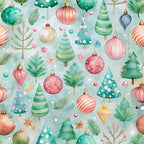 pastel colors, christmas ornaments, watercolor style, festive pattern,, fabric panel, holiday theme, christmas trees, baubles, mint green, coral pink, soft blue, evergreen branches, striped ornaments, polka dots, winter decorations, seamless repeat, whimsical design, seasonal motifs, craft fabric