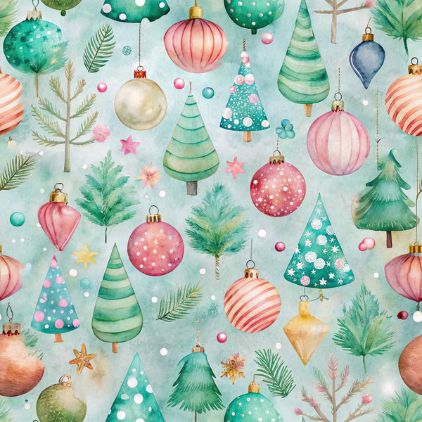 pastel colors, christmas ornaments, watercolor style, festive pattern,, fabric panel, holiday theme, christmas trees, baubles, mint green, coral pink, soft blue, evergreen branches, striped ornaments, polka dots, winter decorations, seamless repeat, whimsical design, seasonal motifs, craft fabric