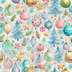 pastel colors, watercolor style, christmas ornaments, holiday baubles, evergreen trees, gold stars, snowflakes, pink ornaments, blue ornaments, green ornaments, teal accents, festive pattern, winter theme,, fabric panel, decorative balls, pine branches, holiday motifs, soft pastels, christmas decor