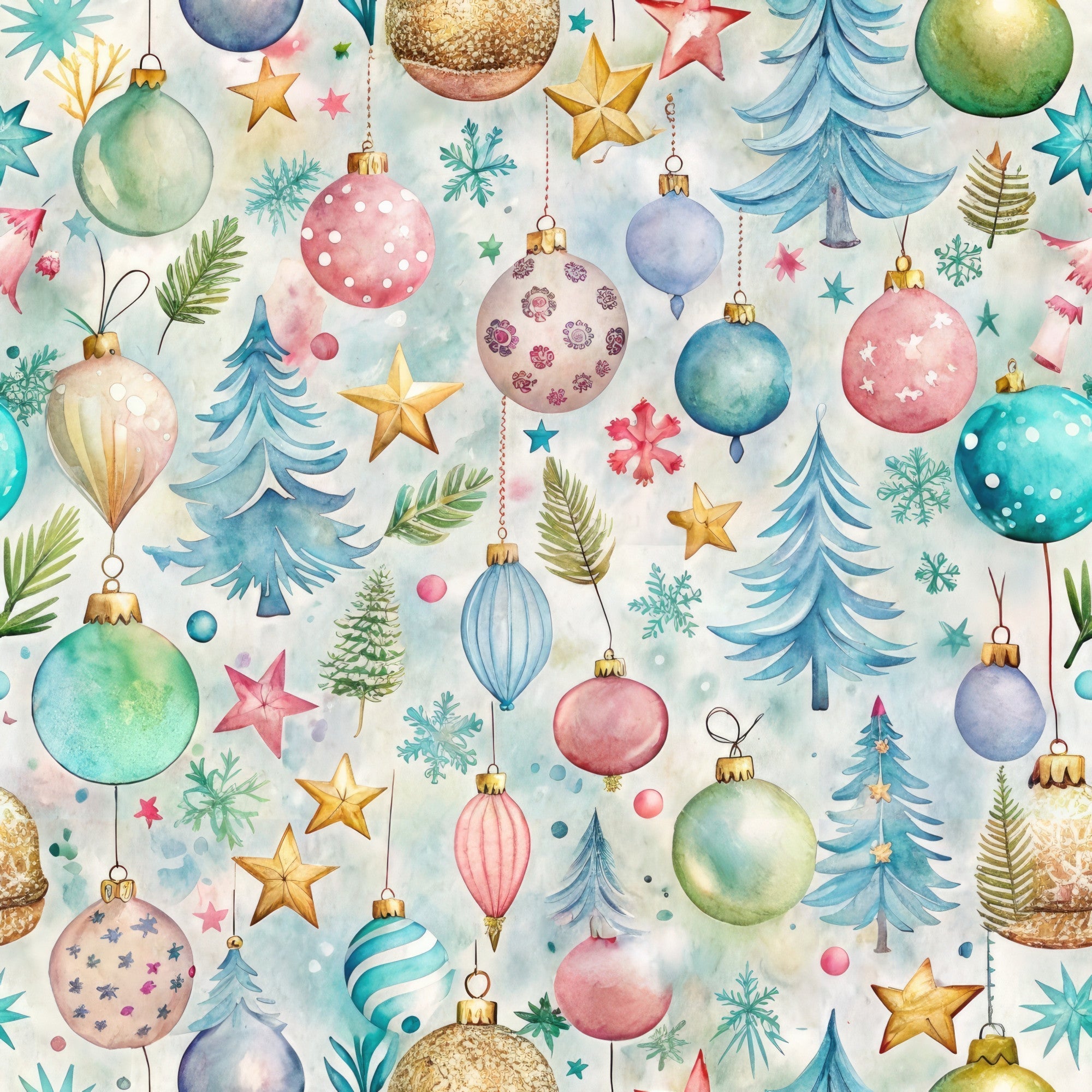 pastel colors, watercolor style, christmas ornaments, holiday baubles, evergreen trees, gold stars, snowflakes, pink ornaments, blue ornaments, green ornaments, teal accents, festive pattern, winter theme,, fabric panel, decorative balls, pine branches, holiday motifs, soft pastels, christmas decor