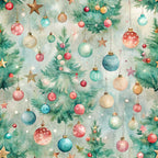 pastel colors, christmas ornaments, evergreen branches, hanging baubles, watercolor style, festive pattern,, fabric panel, holiday decorations, soft pastels, pine needles, christmas balls, ornament clusters, winter theme, craft fabric, seasonal design, delicate artwork, mint green, coral pink, gentle blues