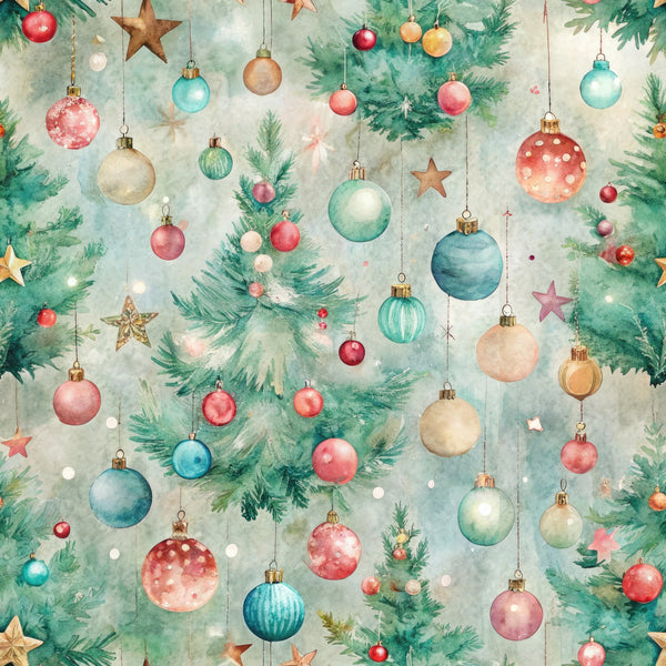 pastel colors, christmas ornaments, evergreen branches, hanging baubles, watercolor style, festive pattern,, fabric panel, holiday decorations, soft pastels, pine needles, christmas balls, ornament clusters, winter theme, craft fabric, seasonal design, delicate artwork, mint green, coral pink, gentle blues