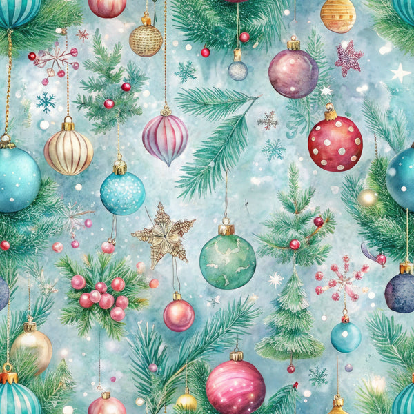 pastel colors, christmas ornaments, evergreen branches, snowflakes, baubles, teal blue, soft pink, mint green, gold accents, hanging decorations, winter theme, watercolor style,, fabric panel, holiday pattern, festive design, christmas tree branches, delicate ornaments, seasonal motifs, soft pastels