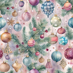 pastel colors, christmas ornaments, pine branches, watercolor style,, fabric panel, holiday theme, baubles, evergreen needles, soft pastels, pink ornaments, blue ornaments, gold caps, hanging decorations, festive pattern, winter elements, delicate artwork, christmas tree decorations, seasonal fabric, craft material