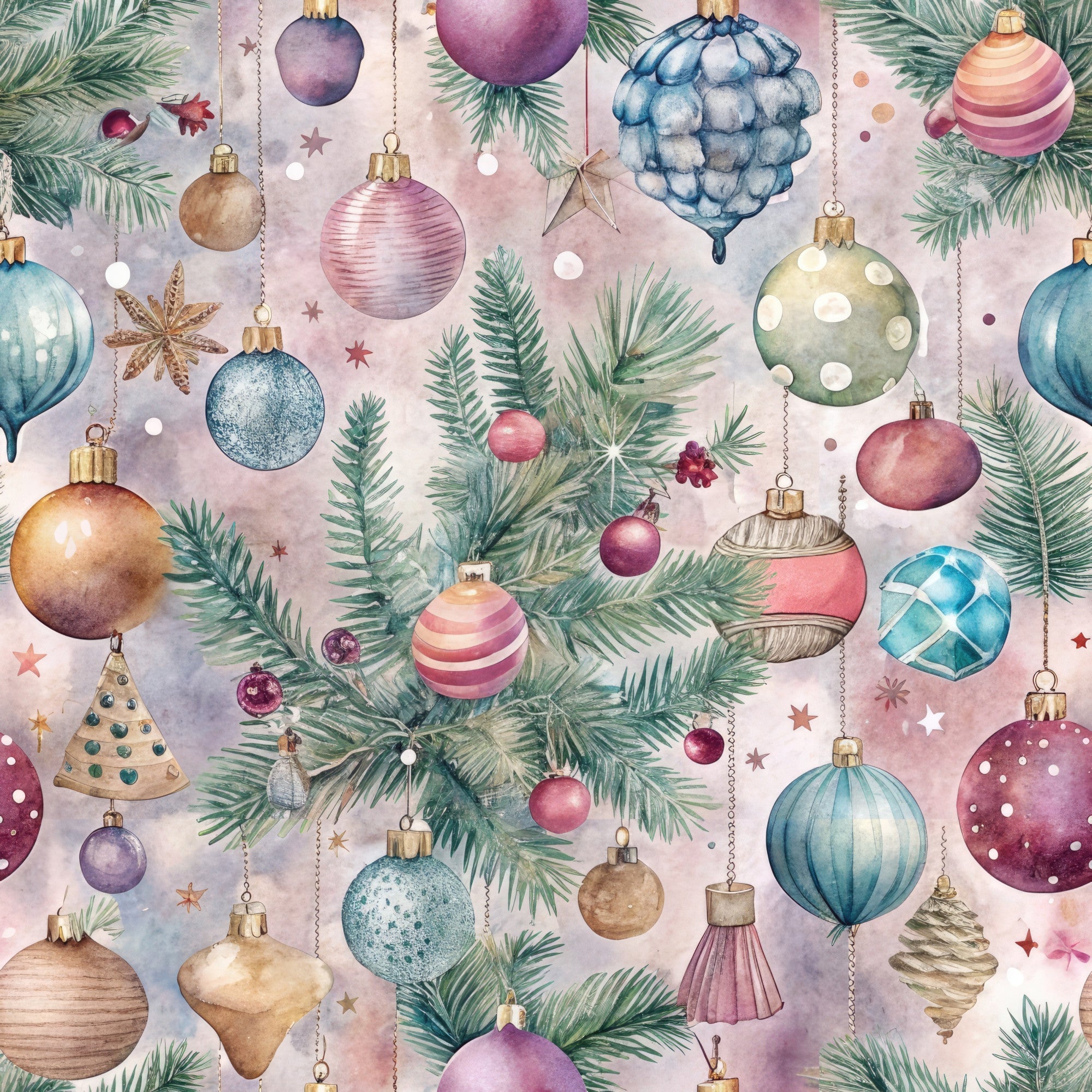 pastel colors, christmas ornaments, pine branches, watercolor style,, fabric panel, holiday theme, baubles, evergreen needles, soft pastels, pink ornaments, blue ornaments, gold caps, hanging decorations, festive pattern, winter elements, delicate artwork, christmas tree decorations, seasonal fabric, craft material