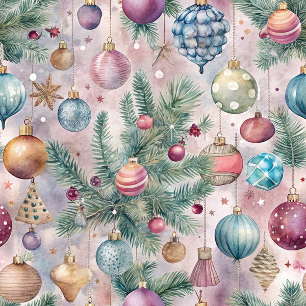 pastel colors, christmas ornaments, pine branches, watercolor style,, fabric panel, holiday theme, baubles, evergreen needles, soft pastels, pink ornaments, blue ornaments, gold caps, hanging decorations, festive pattern, winter elements, delicate artwork, christmas tree decorations, seasonal fabric, craft material