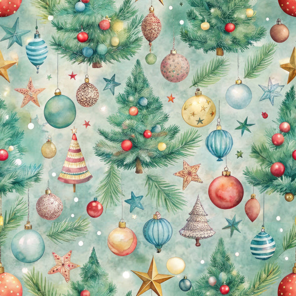 pastel green, mint background, christmas ornaments, baubles, pine branches, evergreen sprigs, stars, christmas trees, watercolor style, soft colors, red ornaments, blue ornaments, gold accents,, fabric panel, holiday pattern, festive design, scattered motifs, delicate artwork, christmas decor