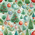 pastel green, mint background, christmas ornaments, evergreen trees, pine branches, baubles, red ornaments, blue ornaments, gold ornaments, watercolor style, festive pattern, holiday motif,, fabric panel, christmas trees, decorative balls, winter greenery, scattered design, soft pastels, seasonal fabric