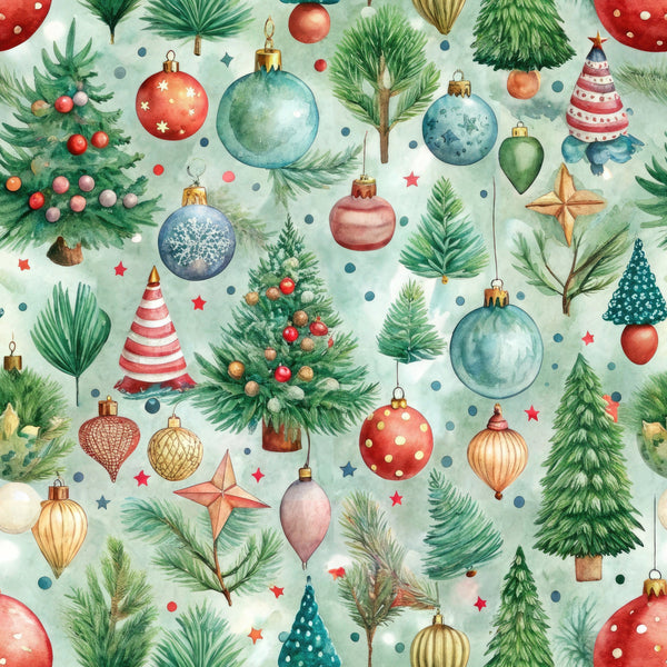 pastel green, mint background, christmas ornaments, evergreen trees, pine branches, baubles, red ornaments, blue ornaments, gold ornaments, watercolor style, festive pattern, holiday motif,, fabric panel, christmas trees, decorative balls, winter greenery, scattered design, soft pastels, seasonal fabric