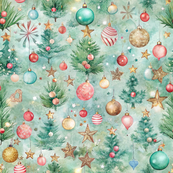 pastel green, mint green, coral pink, gold, turquoise, christmas ornaments, baubles, stars, pine branches, snowflakes, striped ornaments, hanging decorations, watercolor style, festive pattern,, fabric panel, holiday theme, winter elements, scattered design, whimsical illustration