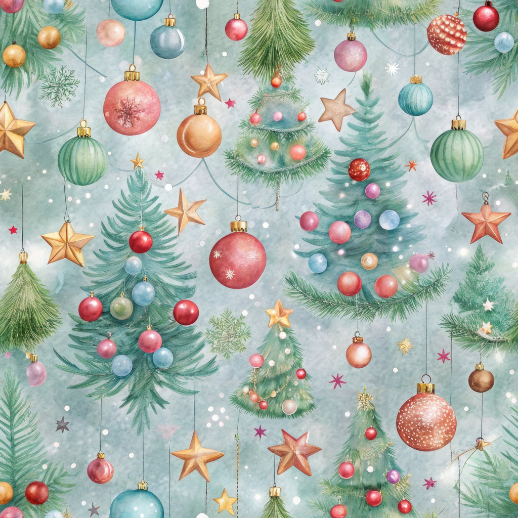pastel colors, christmas ornaments, evergreen trees, hanging baubles, gold stars, pink ornaments, blue ornaments, watercolor style, festive pattern,, fabric panel, holiday theme, decorative balls, tree branches, winter motif, soft hues, christmas decorations, seasonal fabric, crafting material