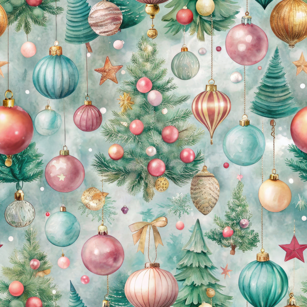pastel pink, mint green, sage green, coral pink, gold accents, christmas ornaments, baubles, pine branches, evergreen trees, stars, ribbons, watercolor style, soft dreamy,, fabric panel, holiday theme, winter decorations, delicate pattern, festive design, seamless repeat