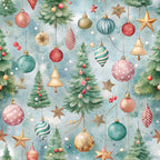 pastel blue, sage green, coral pink, gold accents, christmas ornaments, hanging baubles, evergreen trees, decorative stars, striped ornaments, polka dot patterns, bell ornaments, teardrop shapes, watercolor style, festive design,, fabric panel, holiday theme, winter elements, soft colors, whimsical illustration
