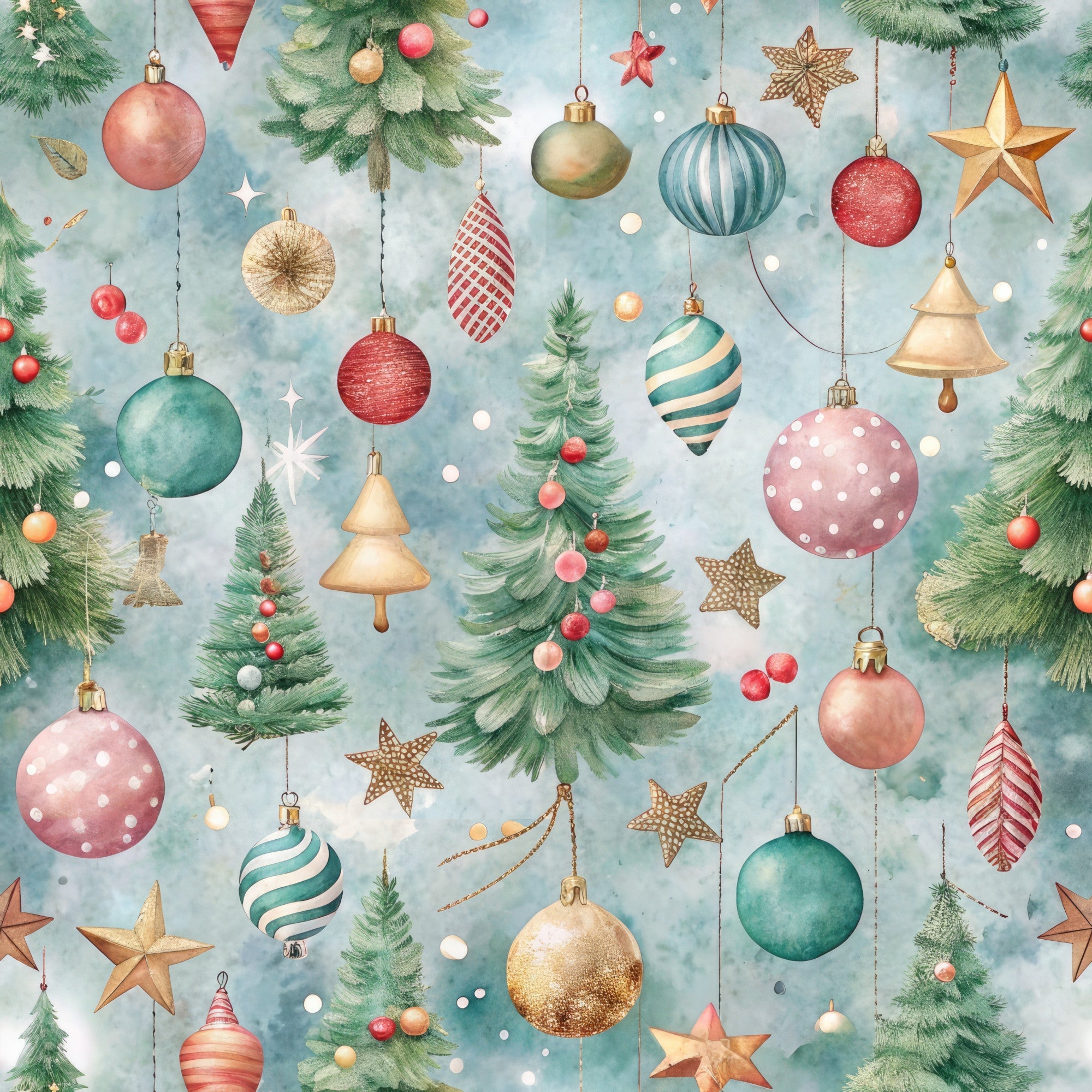 pastel blue, sage green, coral pink, gold accents, christmas ornaments, hanging baubles, evergreen trees, decorative stars, striped ornaments, polka dot patterns, bell ornaments, teardrop shapes, watercolor style, festive design,, fabric panel, holiday theme, winter elements, soft colors, whimsical illustration