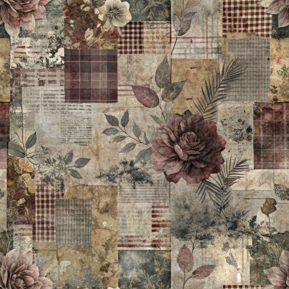 A vintage-style pattern with roses and leaves overlaid on a patchwork of plaid and textured squares in muted tones.