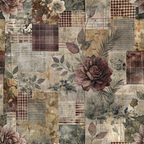 A vintage-style pattern with roses and leaves overlaid on a patchwork of plaid and textured squares in muted tones.