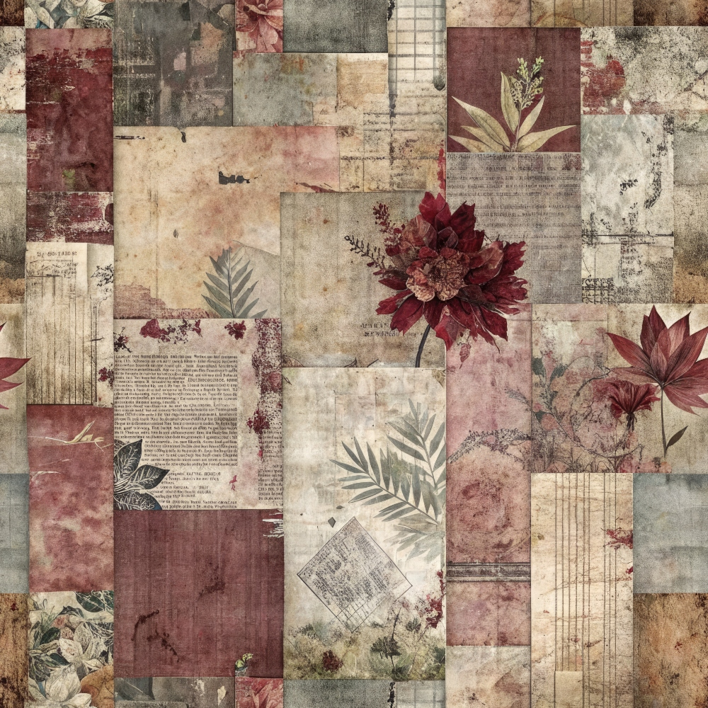 Patchwork collage of vintage papers and illustrations featuring red flowers, leaves, and handwritten text in muted tones.