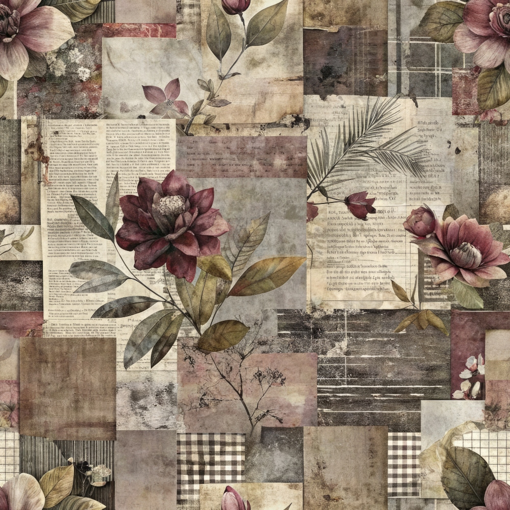 A collage of vintage paper textures with floral illustrations, including magnolias, leaves, and text excerpts, in muted tones of brown, beige, and burgundy.