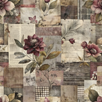 A collage of vintage paper textures with floral illustrations, including magnolias, leaves, and text excerpts, in muted tones of brown, beige, and burgundy.