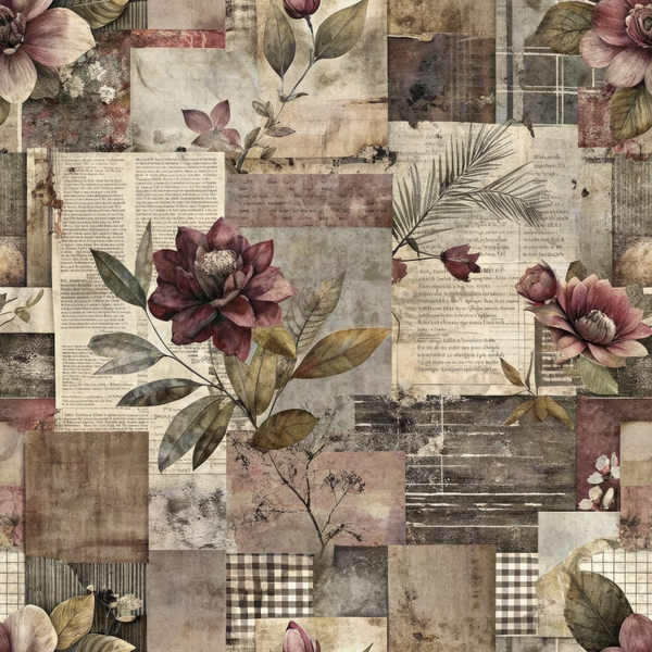 A collage of vintage paper textures with floral illustrations, including magnolias, leaves, and text excerpts, in muted tones of brown, beige, and burgundy.