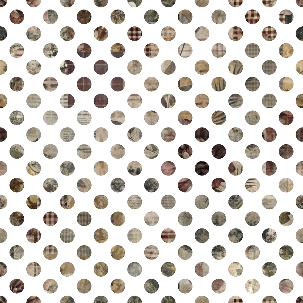 fabric panel, polka dots, circular pattern, brown tones, beige, tan, cream, burgundy, muted colors, earth tones, geometric design, repeating pattern, neutral palette, vintage textures, patchwork style, cotton fabric, quilting material, coordinating prints, warm colors