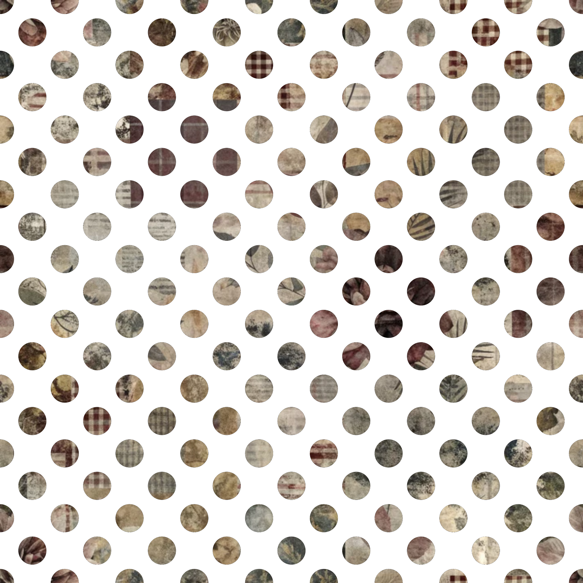 fabric panel, polka dots, circular pattern, brown tones, beige, tan, cream, burgundy, muted colors, earth tones, geometric design, repeating pattern, neutral palette, vintage textures, patchwork style, cotton fabric, quilting material, coordinating prints, warm colors