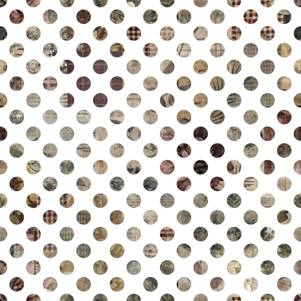 fabric panel, polka dots, circular pattern, brown tones, beige, tan, cream, burgundy, muted colors, earth tones, geometric design, repeating pattern, neutral palette, vintage textures, patchwork style, cotton fabric, quilting material, coordinating prints, warm colors