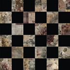 burgundy, cream, beige, brown, sage green, botanical prints, floral motifs, palm fronds, roses, leaves, patchwork squares, checkerboard pattern, vintage style, distressed texture,, fabric panel, geometric blocks, nature elements, muted tones, shabby chic