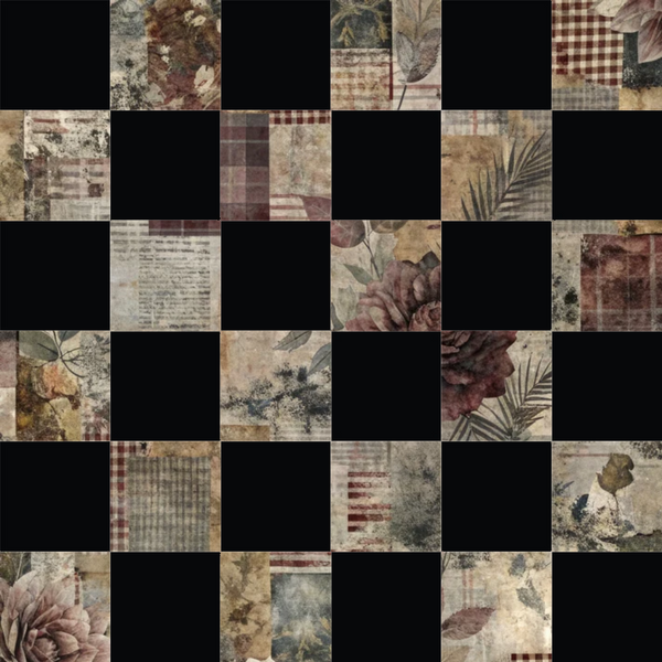 burgundy, cream, beige, brown, sage green, botanical prints, floral motifs, palm fronds, roses, leaves, patchwork squares, checkerboard pattern, vintage style, distressed texture,, fabric panel, geometric blocks, nature elements, muted tones, shabby chic