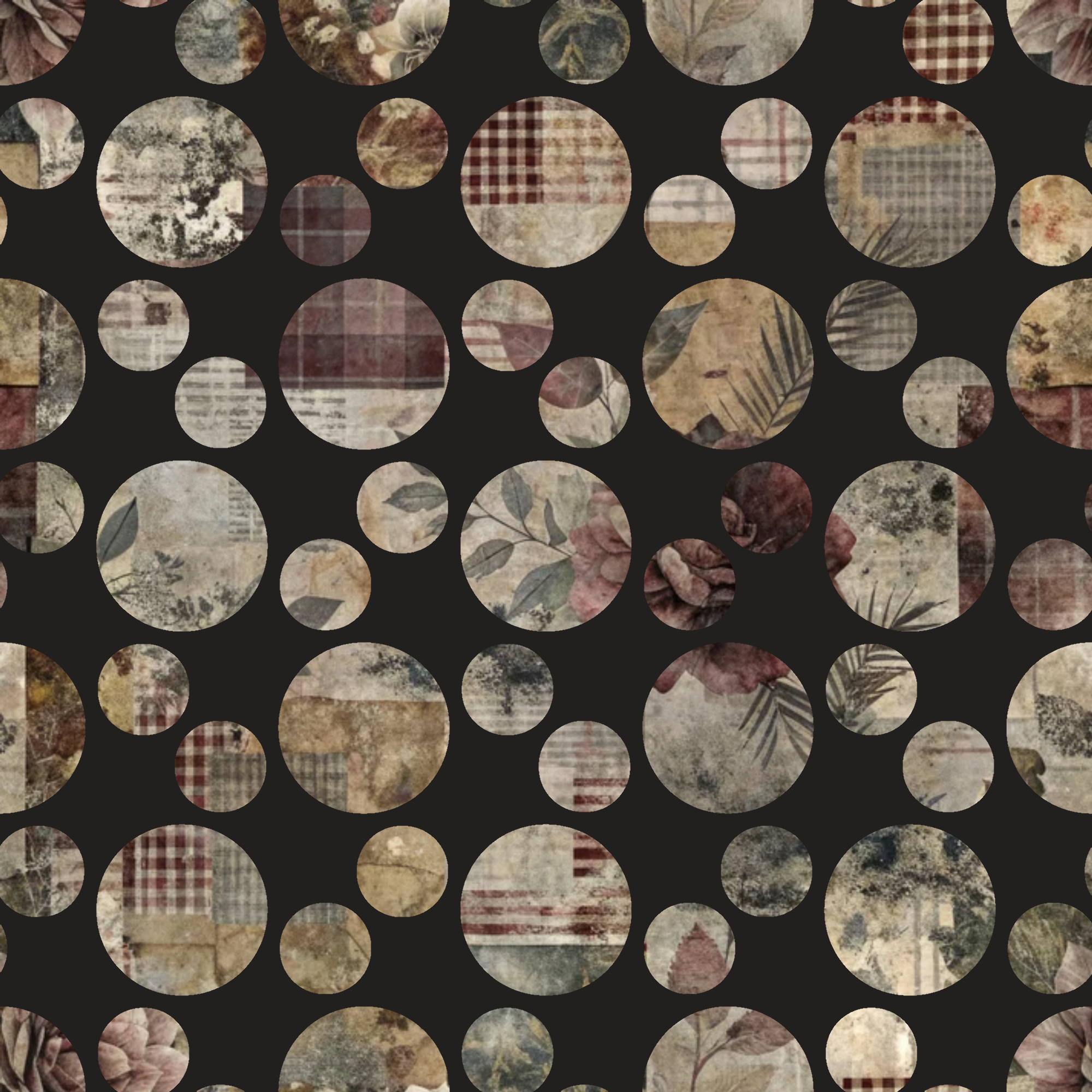 burgundy, beige, cream, brown, black background, polka dots, circles, botanical leaves, floral motifs, plaid patterns, checkered design, vintage style, distressed textures,, fabric panel, autumn colors, muted tones, mixed patterns, rustic aesthetic, patchwork style