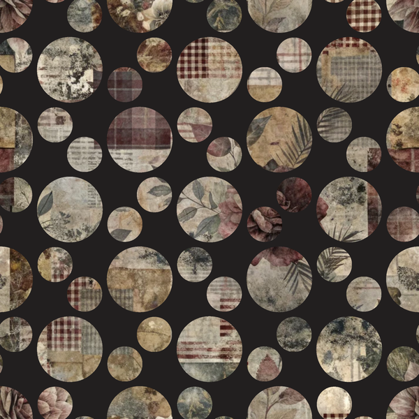 burgundy, beige, cream, brown, black background, polka dots, circles, botanical leaves, floral motifs, plaid patterns, checkered design, vintage style, distressed textures,, fabric panel, autumn colors, muted tones, mixed patterns, rustic aesthetic, patchwork style