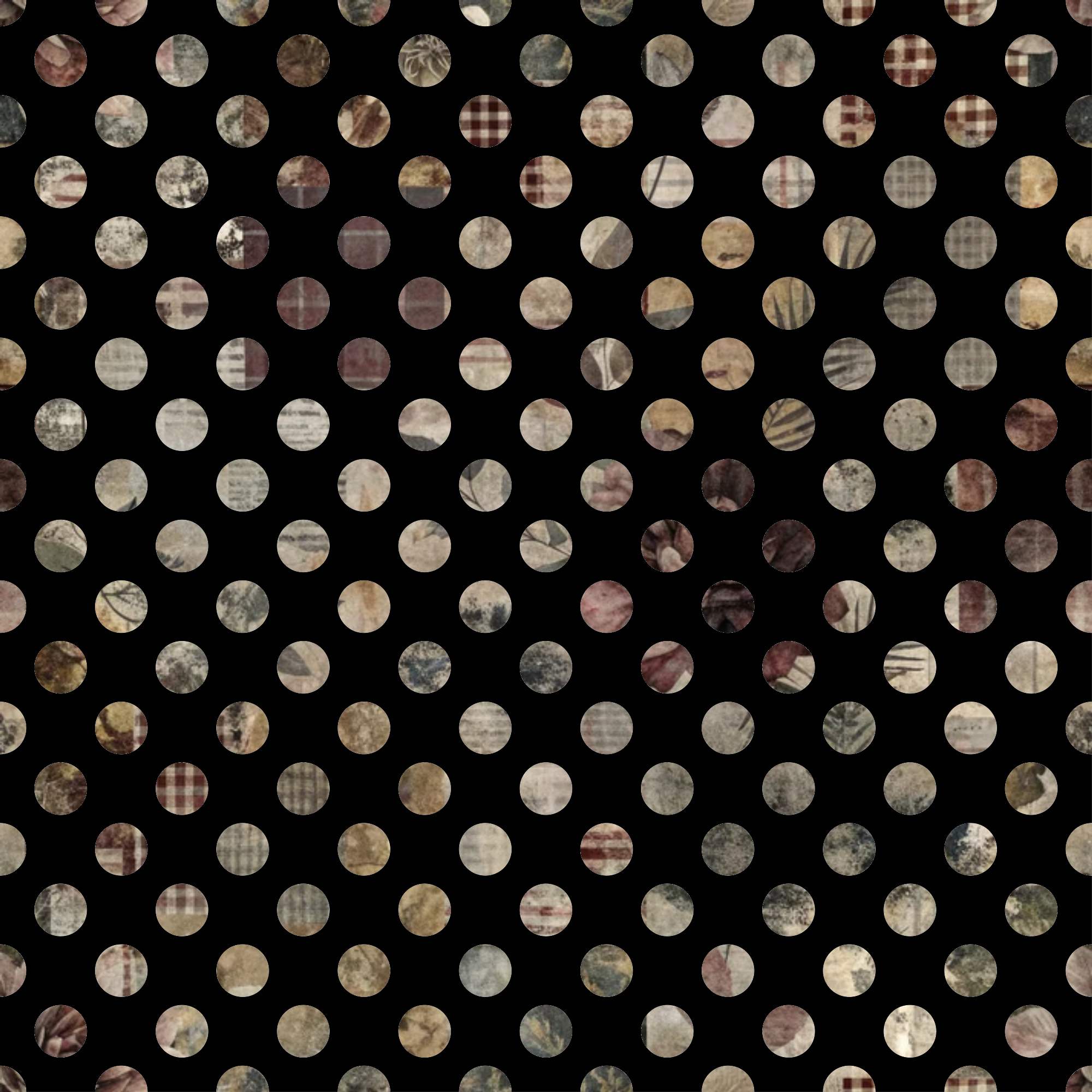polka dots, circles, black background, beige, brown, cream, tan, marbled texture, geometric pattern, vintage style, muted tones, earth tones,, fabric panel, scattered dots, neutral colors, rustic appearance, weathered look, cotton fabric, coordinating prints