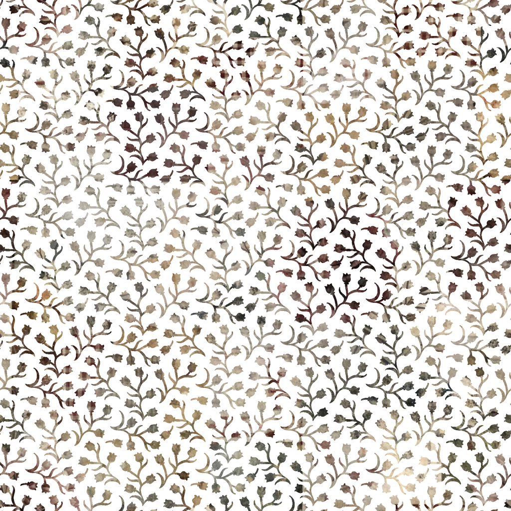 fabric panel, floral pattern, botanical design, branching vines, small flowers, neutral tones, beige, taupe, brown, gray, cream, white background, delicate leaves, repeating motif, nature inspired, soft palette, muted colors, organic shapes, flowering branches