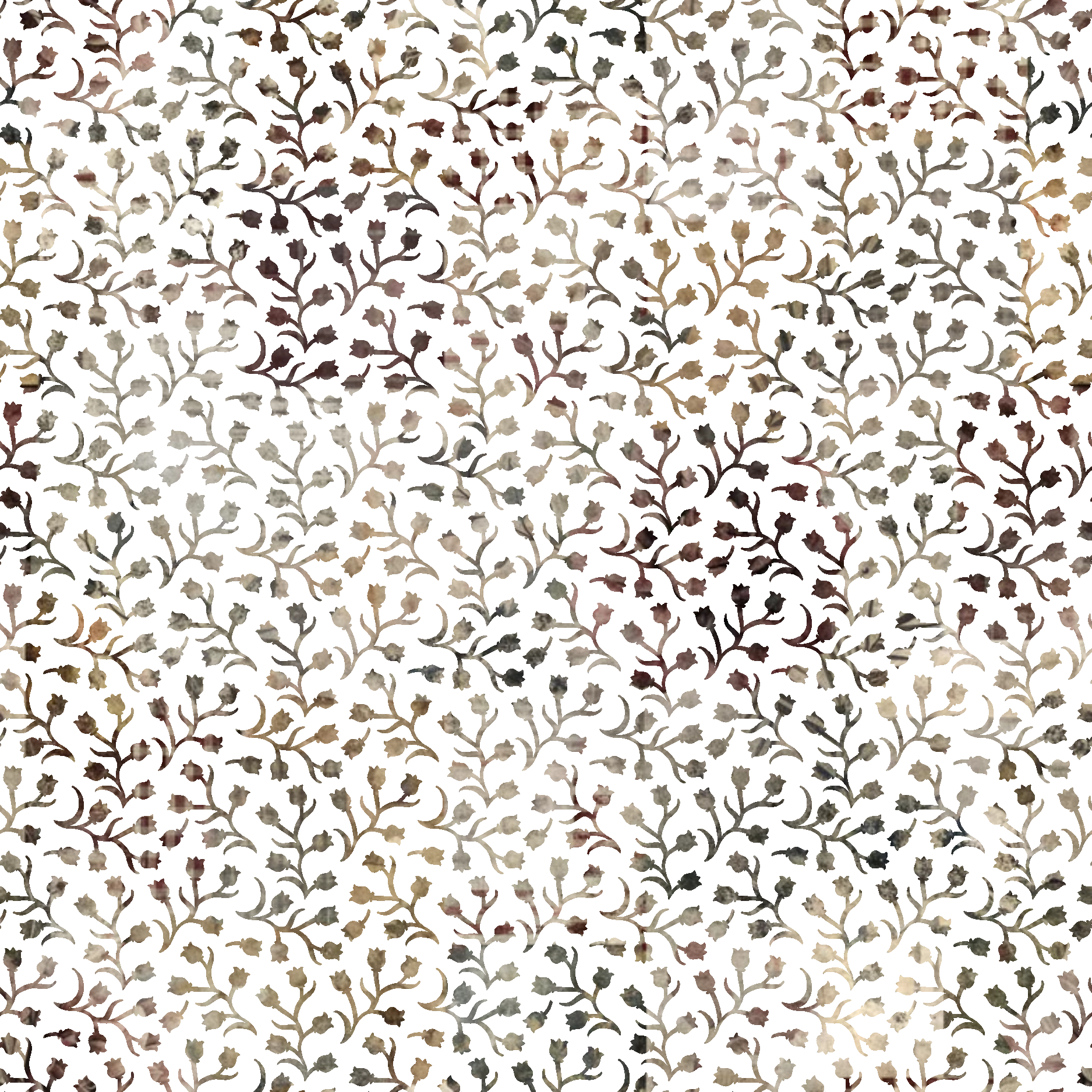 fabric panel, floral pattern, botanical design, branching vines, small flowers, neutral tones, beige, taupe, brown, gray, cream, white background, delicate leaves, repeating motif, nature inspired, soft palette, muted colors, organic shapes, flowering branches