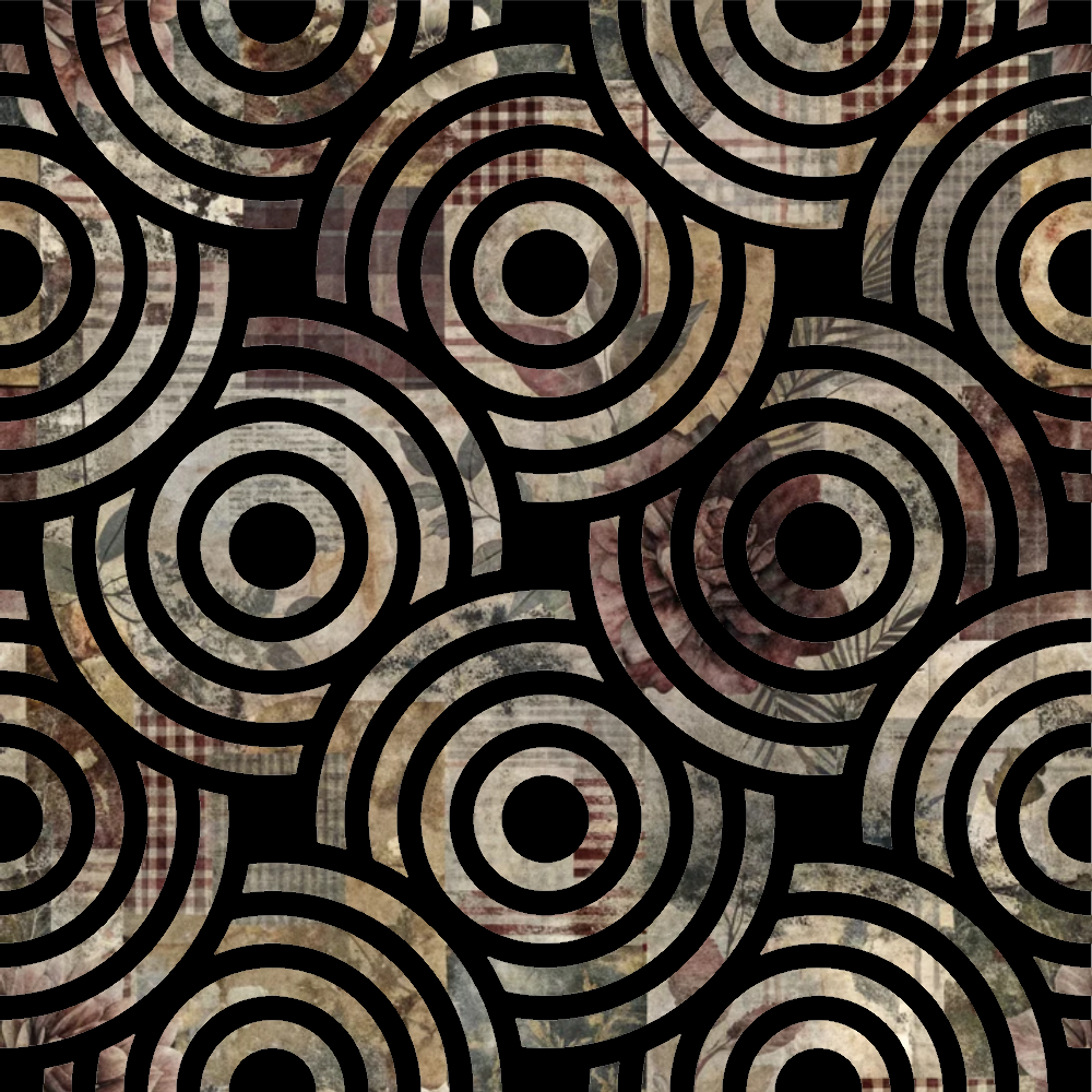 fabric panel, concentric circles, geometric pattern, earth tones, brown, beige, tan, cream, black, textured rings, abstract design, repetitive motif, neutral palette, vintage style, retro pattern, overlapping circles, warm colors, crafting fabric, patchwork design