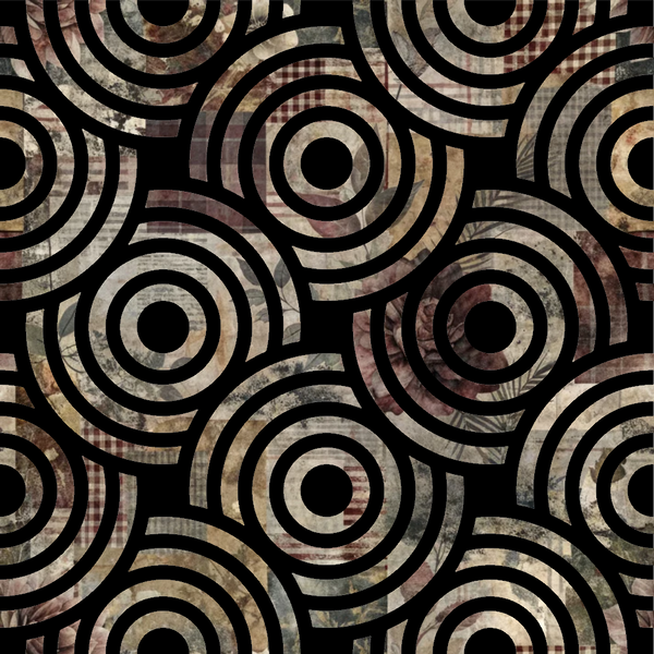fabric panel, concentric circles, geometric pattern, earth tones, brown, beige, tan, cream, black, textured rings, abstract design, repetitive motif, neutral palette, vintage style, retro pattern, overlapping circles, warm colors, crafting fabric, patchwork design