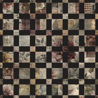 fabric panel, patchwork design, checkerboard pattern, vintage floral, botanical motifs, roses, leaves, palm fronds, burgundy, beige, tan, brown, black squares, distressed textures, shabby chic, faded florals, quilt blocks, cotton fabric, rustic style, muted tones, aged appearance