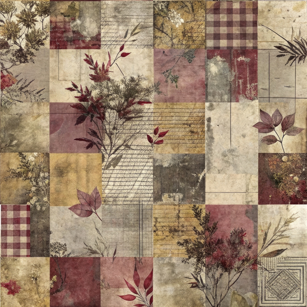 A patchwork quilt pattern featuring varying squares with floral motifs, leaves, plaid designs, and textured neutral tones of red, beige, and brown.