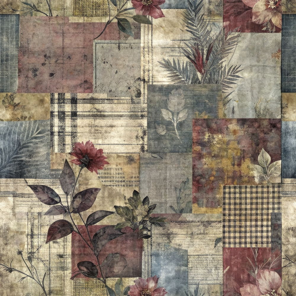 Patchwork background featuring floral and plaid patterns in muted shades of red, blue, and beige. The design includes leaves and flowers on textured, overlapping squares.