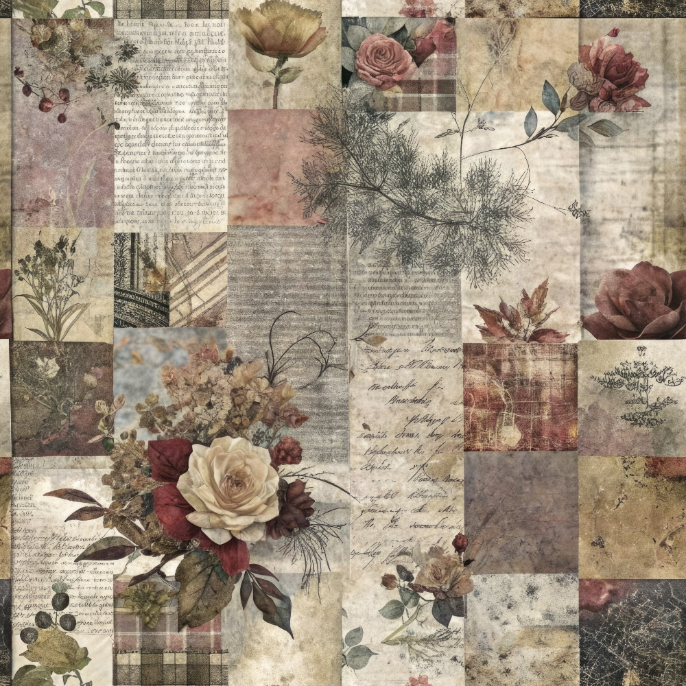 A vintage-inspired collage with floral motifs, text, and plaid patterns in muted shades of beige, red, and brown.