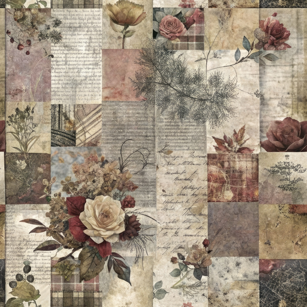 A vintage-inspired collage with floral motifs, text, and plaid patterns in muted shades of beige, red, and brown.