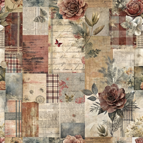 A collage of vintage-style floral patterns, faded newspaper clippings, and textured patches in earthy tones, featuring roses, leaves, and butterflies.