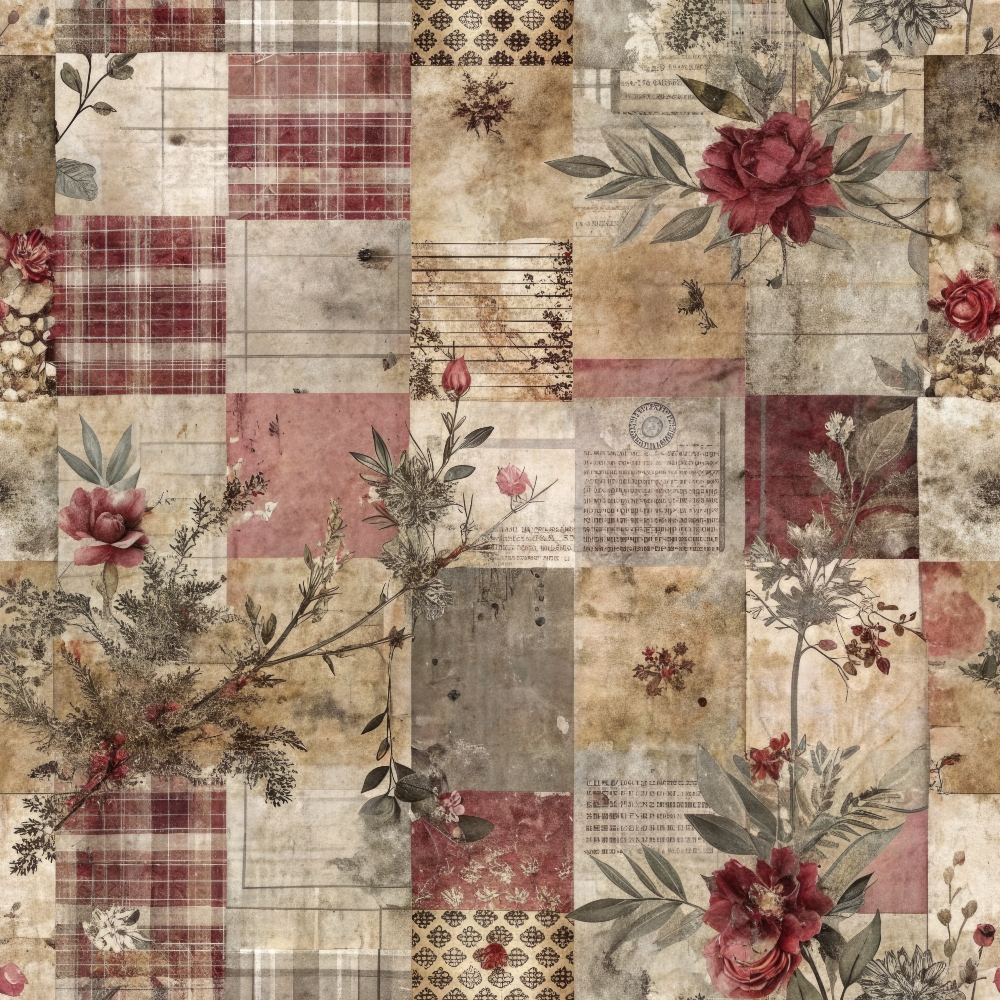 Patchwork pattern with plaid squares, floral designs, and vintage textures in shades of red, beige, and brown. Features roses, leaves, and abstract motifs creating a rustic, classic look.