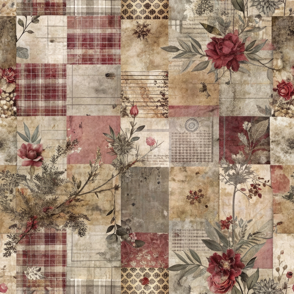 Patchwork pattern with plaid squares, floral designs, and vintage textures in shades of red, beige, and brown. Features roses, leaves, and abstract motifs creating a rustic, classic look.