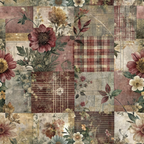 A vintage floral patchwork design with red, yellow, and white flowers and plaid patterns on a textured, muted background.