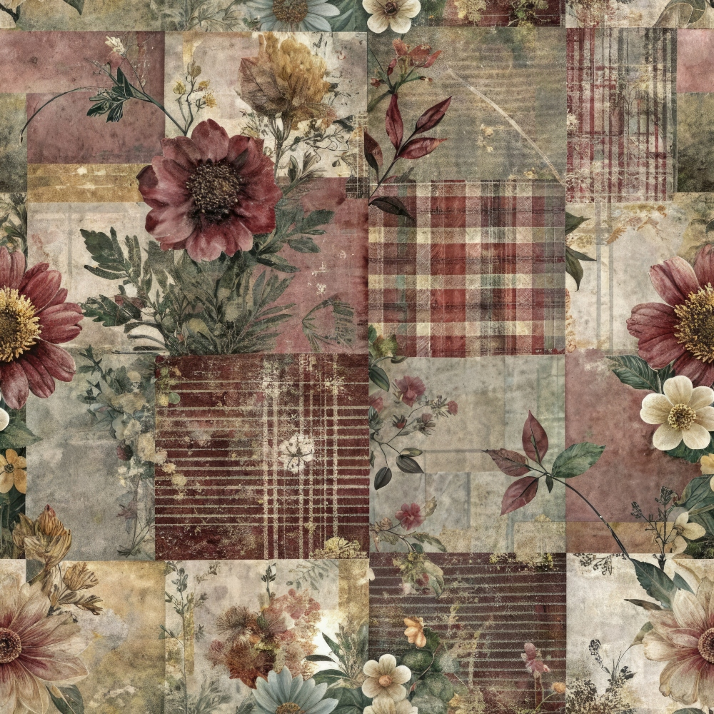 A vintage floral patchwork design with red, yellow, and white flowers and plaid patterns on a textured, muted background.